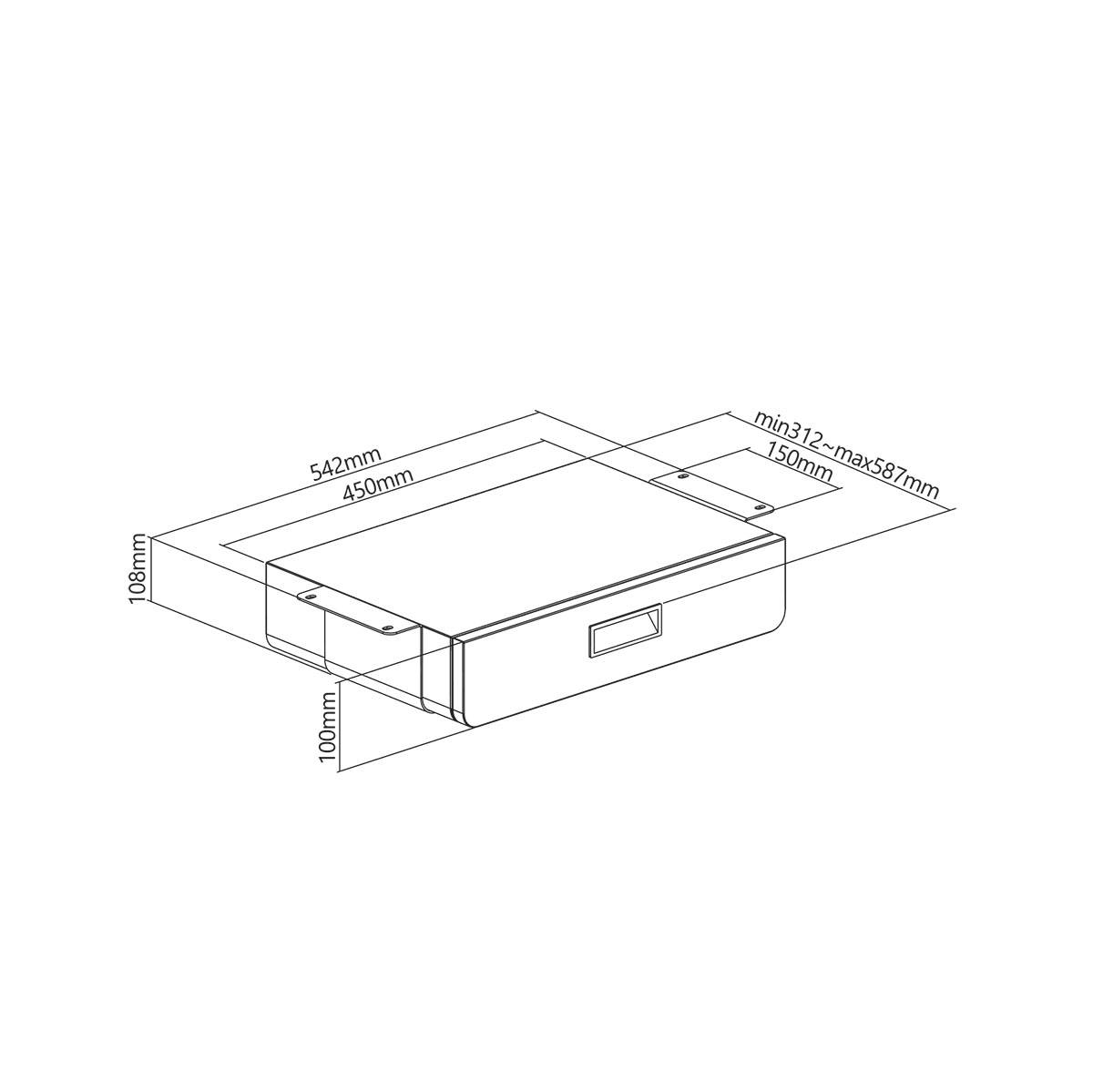 'Ladontwerp schematische tekening met afmetingen: 542 mm breedte, 450 mm diepte, 108 mm hoogte, en verstelbaar binnengedeelte van 312 mm tot 587 mm.'