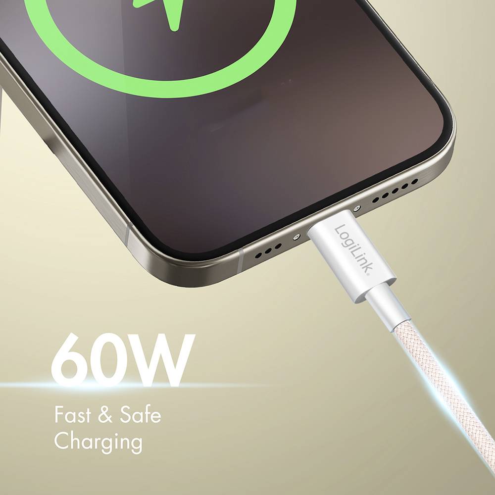 Een smartphonescherm waarop een groen oplaadpictogram wordt weergegeven, met een oplaadkabel aangesloten, en tekst die leest '60W Snel & Veilig Opladen'.