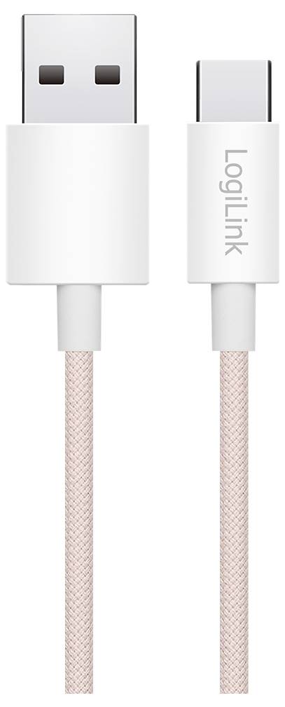 'Een USB Type-A naar USB Type-C kabel van LogiLink, met witte aansluitingen en een roze gevlochten kabelontwerp, verticaal weergegeven.'