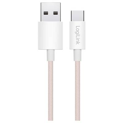 'Een USB Type-A naar USB Type-C kabel van LogiLink, met witte aansluitingen en een roze gevlochten kabelontwerp, verticaal weergegeven.'