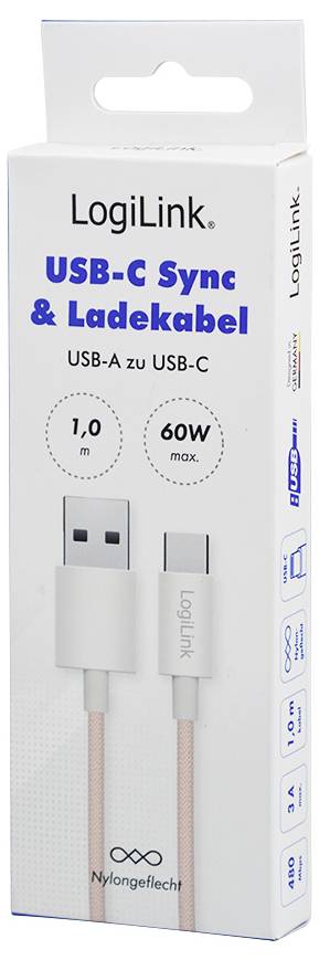 'LogiLink USB-C Sync & Charge Kabel' verpakking toont een 1,0m kabel met USB-A naar USB-C aansluitingen, ondersteunt tot 60W vermogen, met nylon omvlechting.