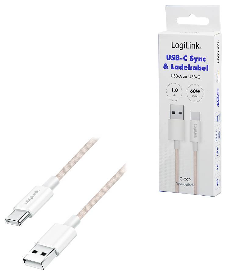 'LogiLink USB-C Sync- & Oplaadkabel' in verpakkings- en losliggend zicht, compatibel met USB-A naar USB-C, 1 meter lengte, 60W vermogen.
