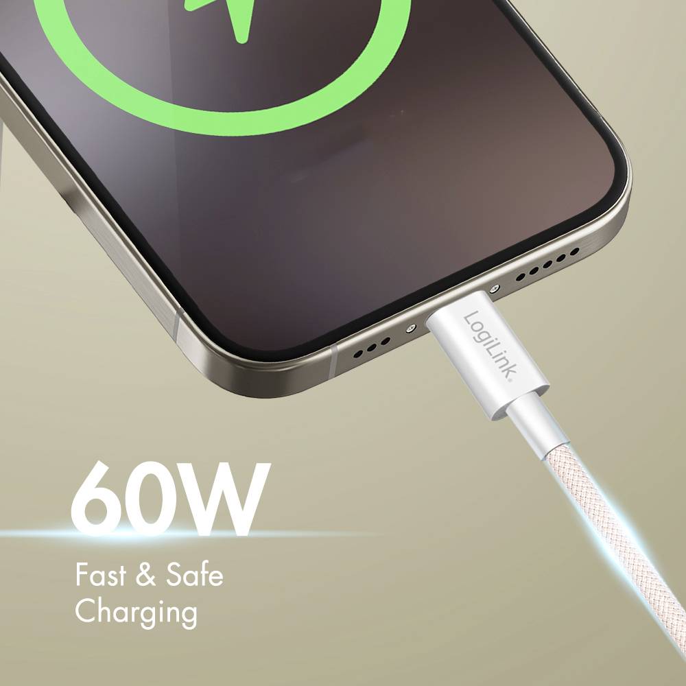 Een smartphone wordt opgeladen met een kabel voorzien van het label 'LogiLink'. Tekst vermeldt '60W Snel & Veilig Opladen', met nadruk op de snelle oplaadcapaciteit.