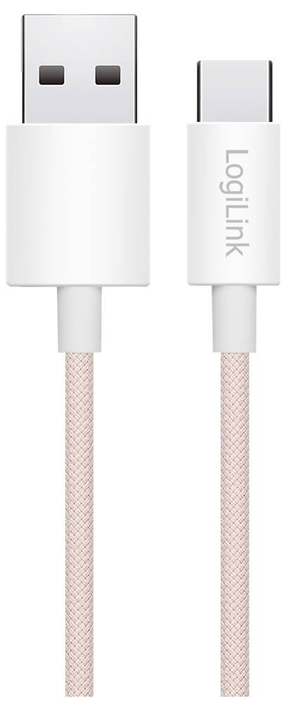 Een wit en roze gevlochten USB Type-A naar USB Type-C kabel met het label 'LogiLink', waarbij beide aansluitingen zichtbaar zijn.
