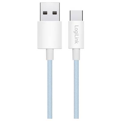 'LogiLink' USB-C naar USB-A kabel met witte connectoren en lichtblauwe gevlochten kabel.