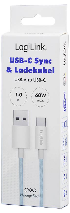 'LogiLink' USB-C sync- en oplaadkabel, USB-A naar USB-C, 1 meter lengte, 60W max vermogen, nylon gevlochten.