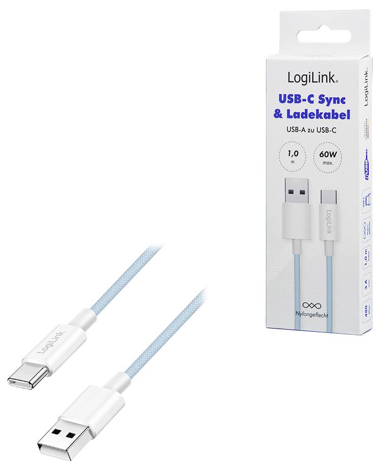 Een blauwe USB-A naar USB-C kabel naast zijn verpakking, voorzien van het label 'LogiLink USB-C Sync & Laadkabel', 1 meter, max. 60W.