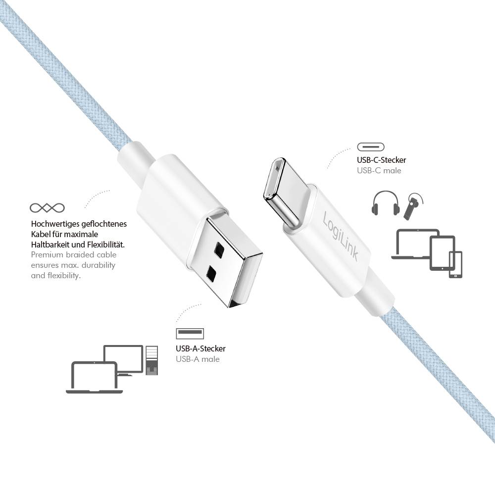 Een premium gevlochten kabel met USB-A en USB-C aansluitingen, compatibel met laptops, smartphones en tablets. Kabellengte: 1m.