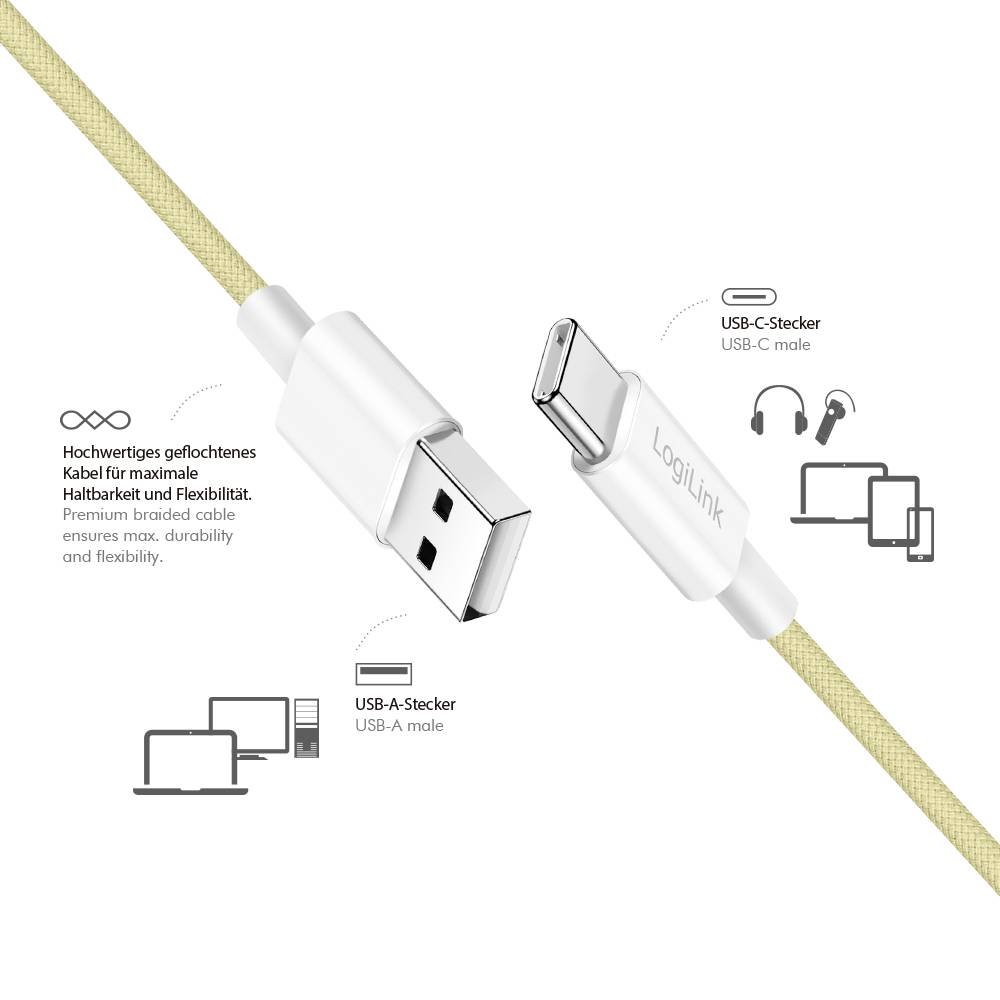 'LogiLink' USB-A naar USB-C kabel met gevlochten ontwerp, geschikt voor verschillende apparaten zoals laptops, tablets en smartphones.