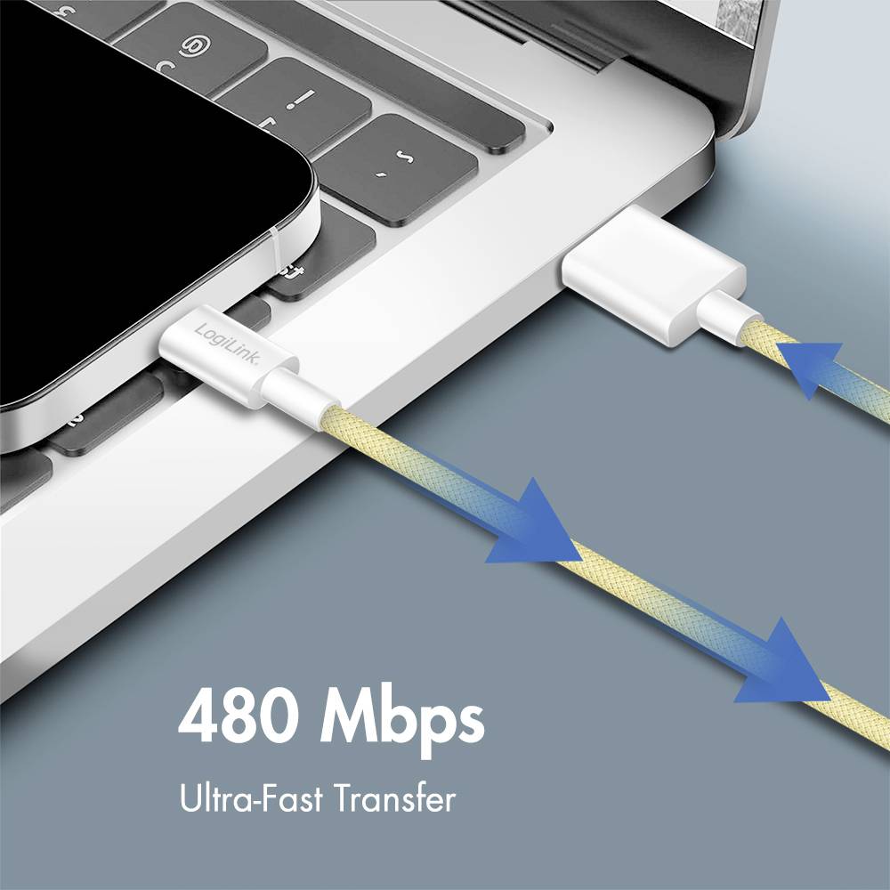 Een close-up van een smartphone en laptop verbonden door een kabel, met tekst die leest '480 Mbps Ultra-Snelle Overdracht', wat wijst op een snelle gegevensoverdracht.