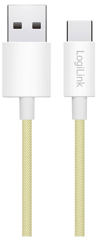 USB-A naar USB-C kabel met witte connectoren en gevlochten beige snoer, gelabeld 'LogiLink'.