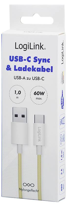 'LogiLink' verpakking voor een 1,0 m USB-C naar USB-A sync- en laadkabel, 60W max, nylon gevlochten.