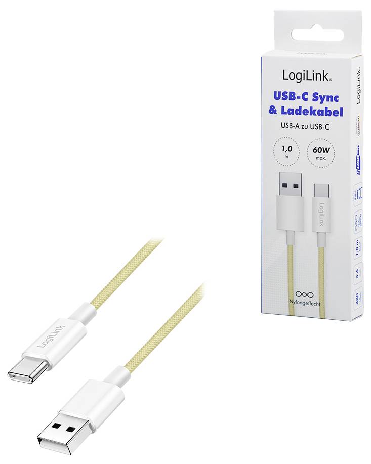 Een beige USB-C naar USB-A kabel naast zijn verpakking, gelabeld 'LogiLink USB-C Sync & Laadkabel', ondersteunt 60W opladen.