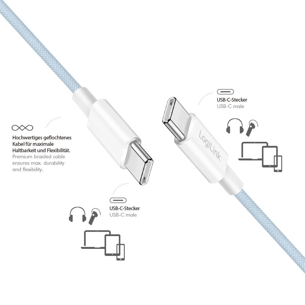 'Een premium gevlochten USB-C kabel die maximale duurzaamheid en flexibiliteit biedt; ontworpen voor aansluiting op hoofdtelefoons, telefoons, tablets en laptops.'