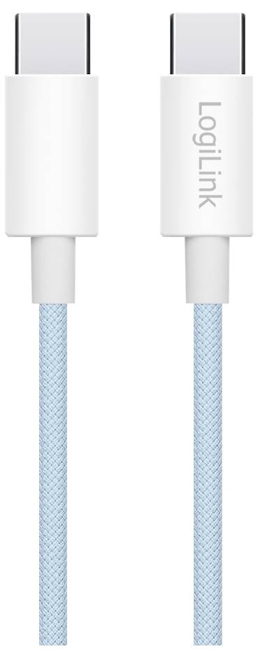 Twee USB-C-aansluitingen met een lichtblauwe gevlochten kabel ertussen. Elke connector is wit, en één heeft 'LogiLink' erop gedrukt.