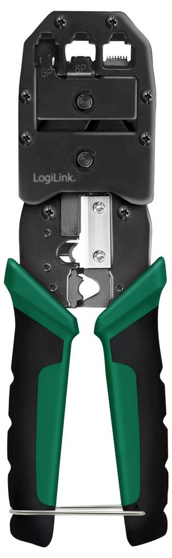 Krimptang met groene en zwarte handgrepen, gebruikt voor RJ45-, RJ11- en RJ12-connectoren, met draadknip- en striptechniek.