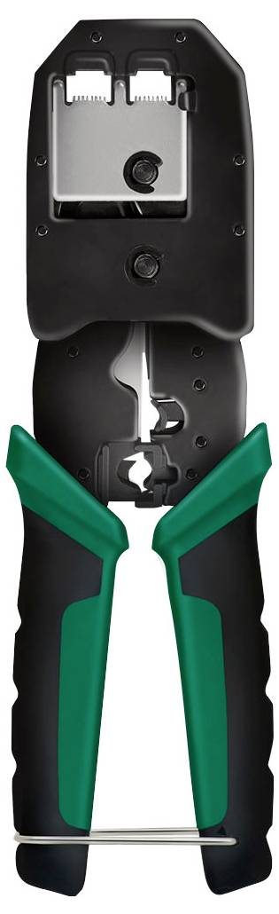 Krimptang met zwarte metalen bekken en groene handgreep, ontworpen voor het verbinden of bevestigen van elektrische connectoren en kabels.