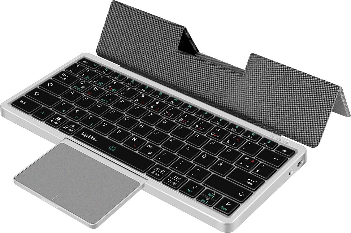 Een compacte zwarte toetsenbord met een geïntegreerd touchpad en een grijze hoes, ontworpen om te vouwen en een apparaat, zoals een tablet, te ondersteunen.