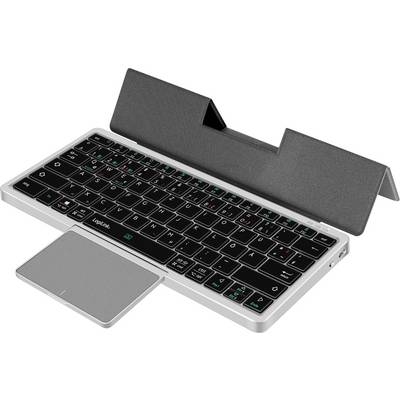 Een compacte zwarte toetsenbord met een geïntegreerd touchpad en een grijze hoes, ontworpen om te vouwen en een apparaat, zoals een tablet, te ondersteunen.