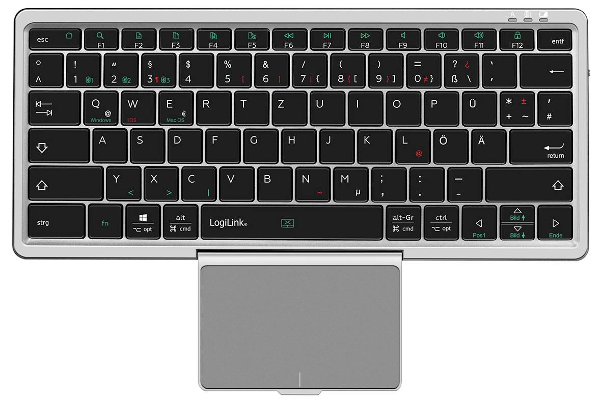 Draadloos Duits QWERTZ-toetsenbord met zwarte toetsen en witte letters, voorzien van een zilveren touchpad onderaan.