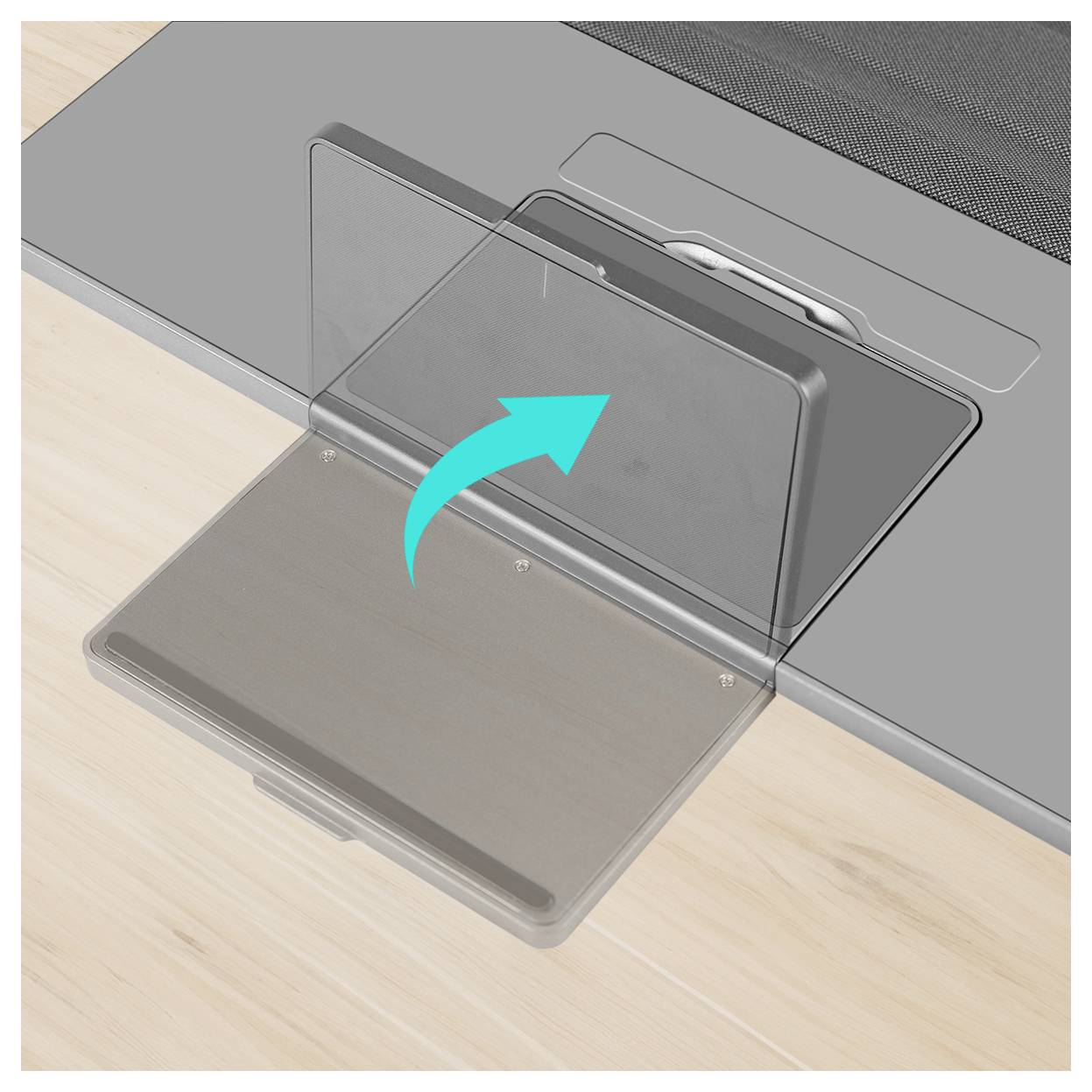 Een compartimentdeksel is geopend met een opwaarts wijzende pijl die de richting aangeeft om te tillen. Het compartiment is onderdeel van een vloermodule.