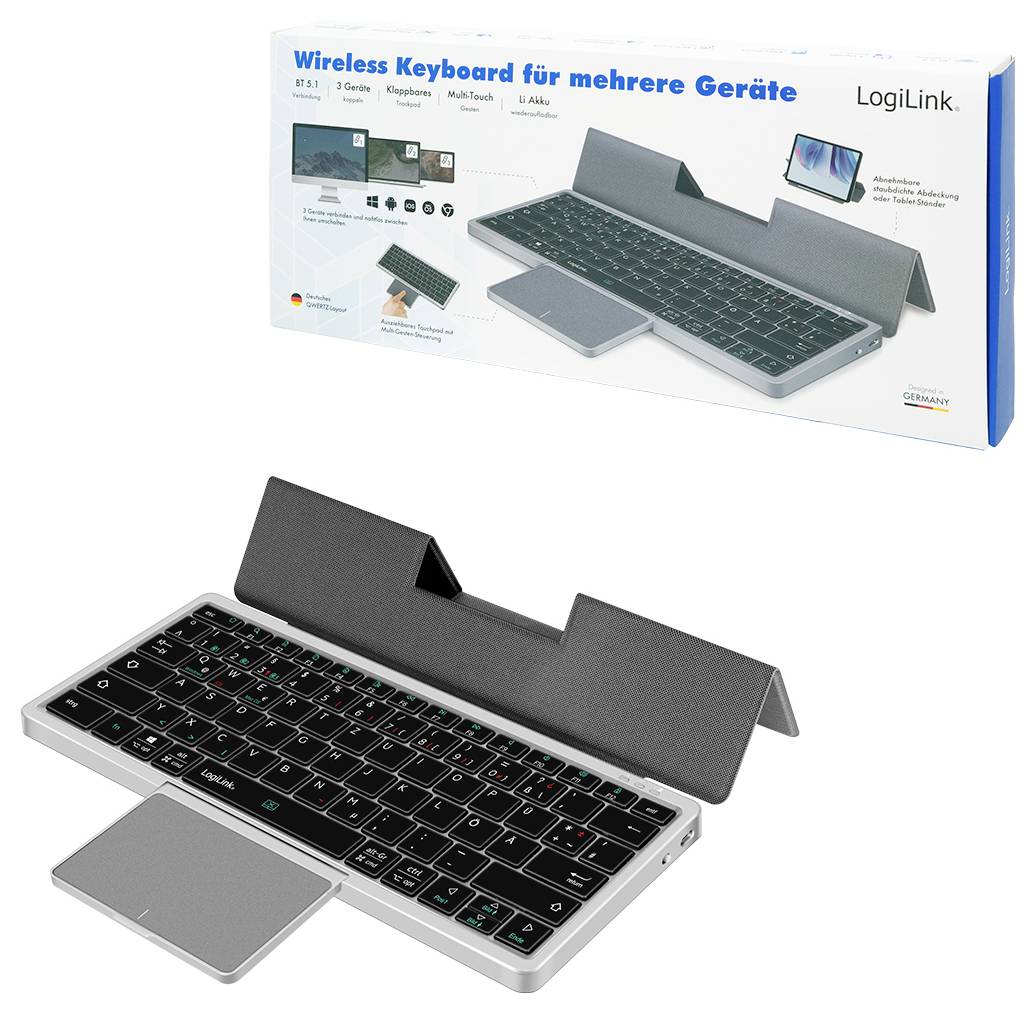 Een draadloos toetsenbord met een beschermende hoes, compatibel met meerdere apparaten, getoond naast zijn verpakking die zijn veelzijdigheid benadrukt.