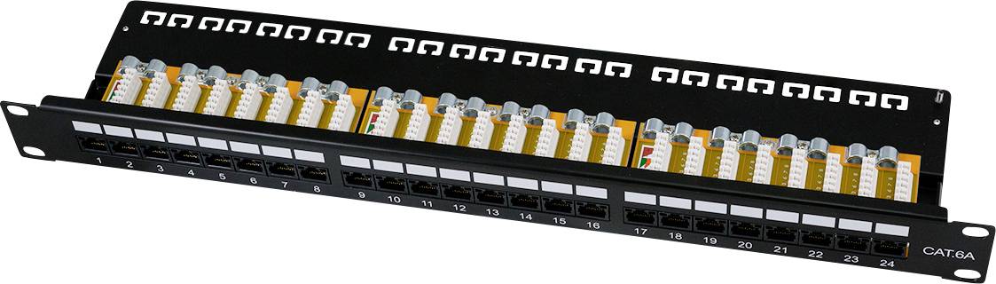 Een Cat 6A patch panel met gelabelde poorten en punch-down aansluitingen, gebruikt voor het organiseren van netwerkkabels in een datacenter of netwerkrek.