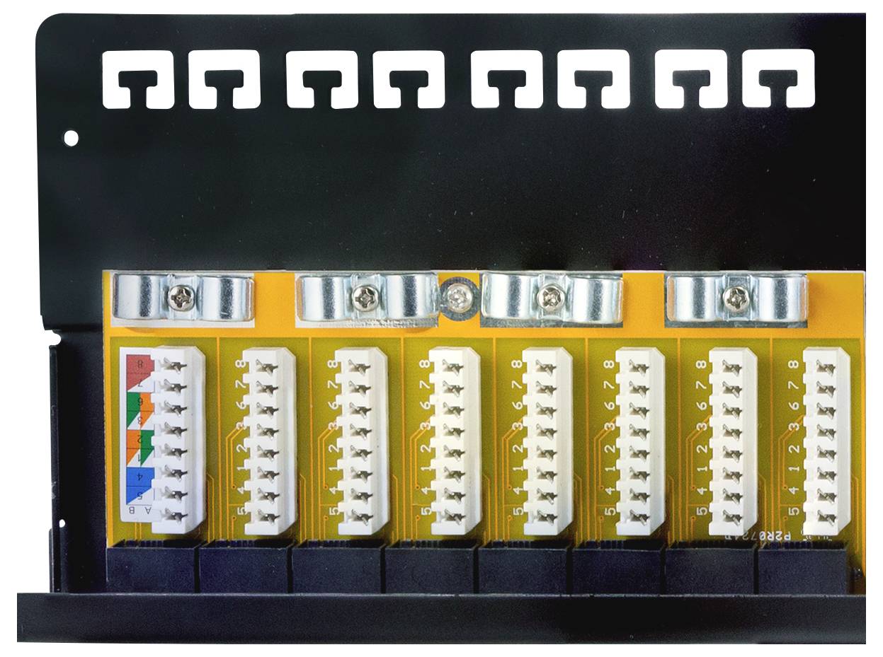 'Elektrisch paneel met 10 witte connectoren, elk genummerd van 1 tot 10, op een gele achtergrond. Metalen klemmen bevestigen het paneel aan een zwart frame.'