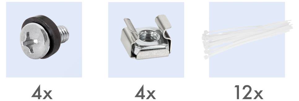 '4x schroef met ring,' '4x kooimoer,' '12x kabelbinders' gerangschikt in een enkele rij tegen een lichtblauwe achtergrond.