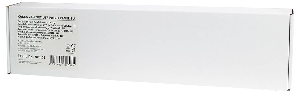 Een witte doos met een LogiLink merk Cat.6A 24-poorts UTP patchpaneel, voorzien van productinformatie op het label.
