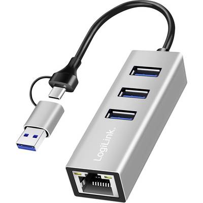 Een USB-hub met drie USB-poorten en één Ethernet-poort, gelabeld 'LogiLink', aangesloten via een korte USB-kabel.