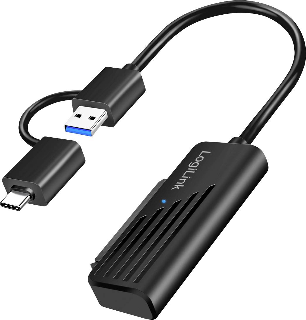 Een zwarte USB naar USB-C adapterkabel met een rechthoekige behuizing gelabeld 'LogiLink.'