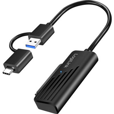 Een zwarte USB naar USB-C adapterkabel met een rechthoekige behuizing gelabeld 'LogiLink.'