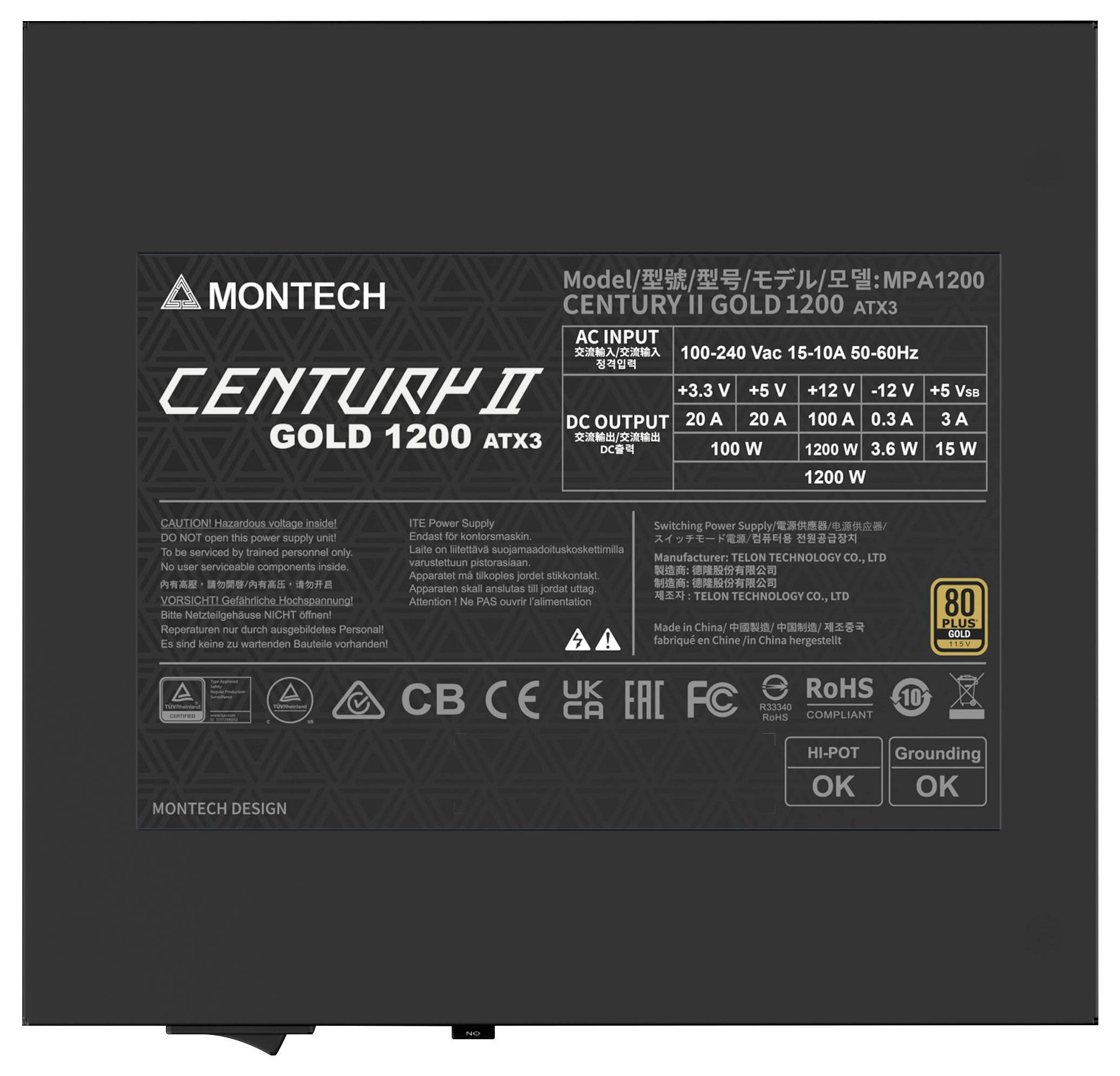 Montech Century II Gold 1200W-voeding heeft modelnummer MPA1200, met 80 Plus Gold-certificering en volledig modulair ontwerp.