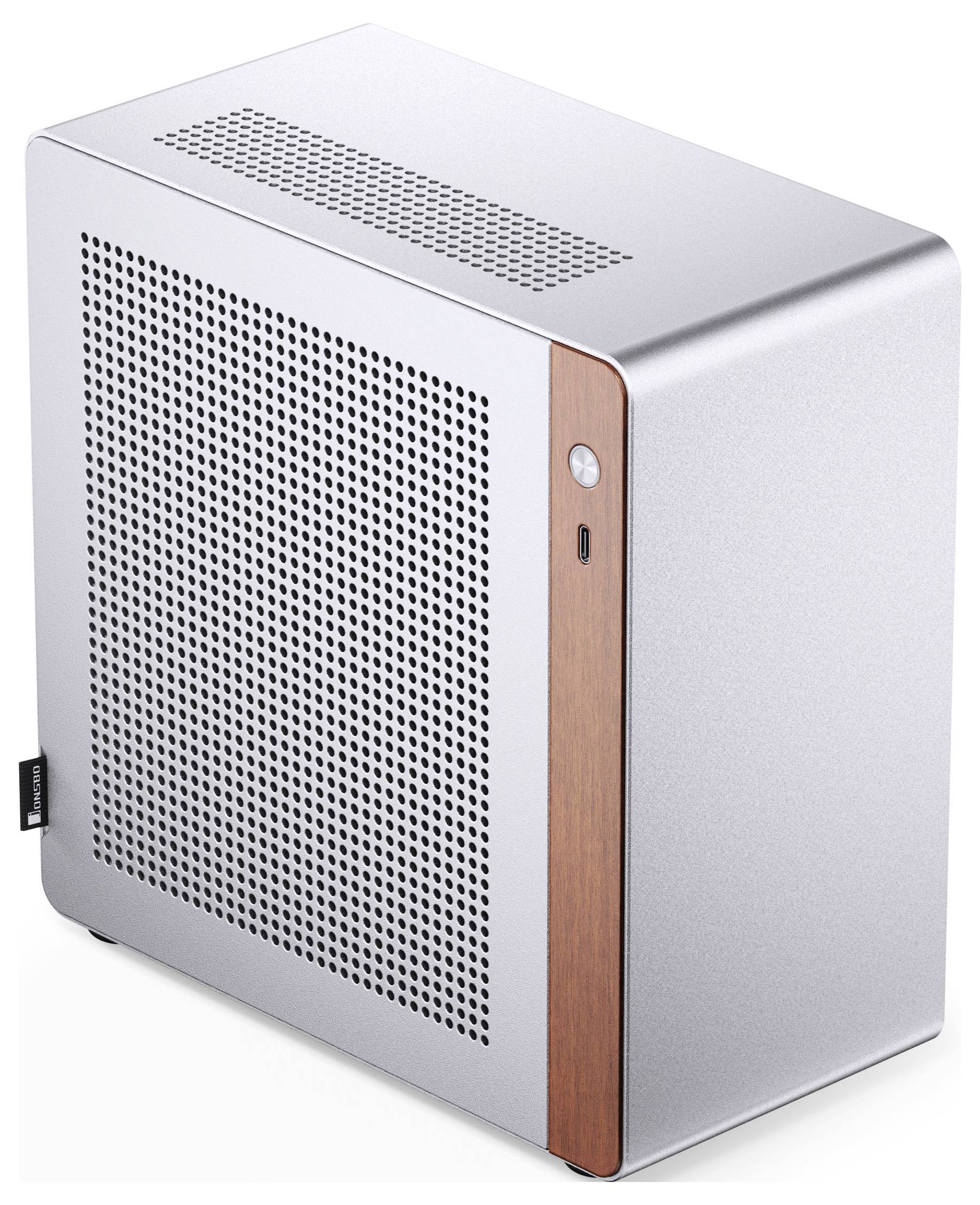 Een strak, modern zilverkleurige computerbehuizing met een geperforeerd zijpaneel en een houten accentpaneel aan de voorkant.