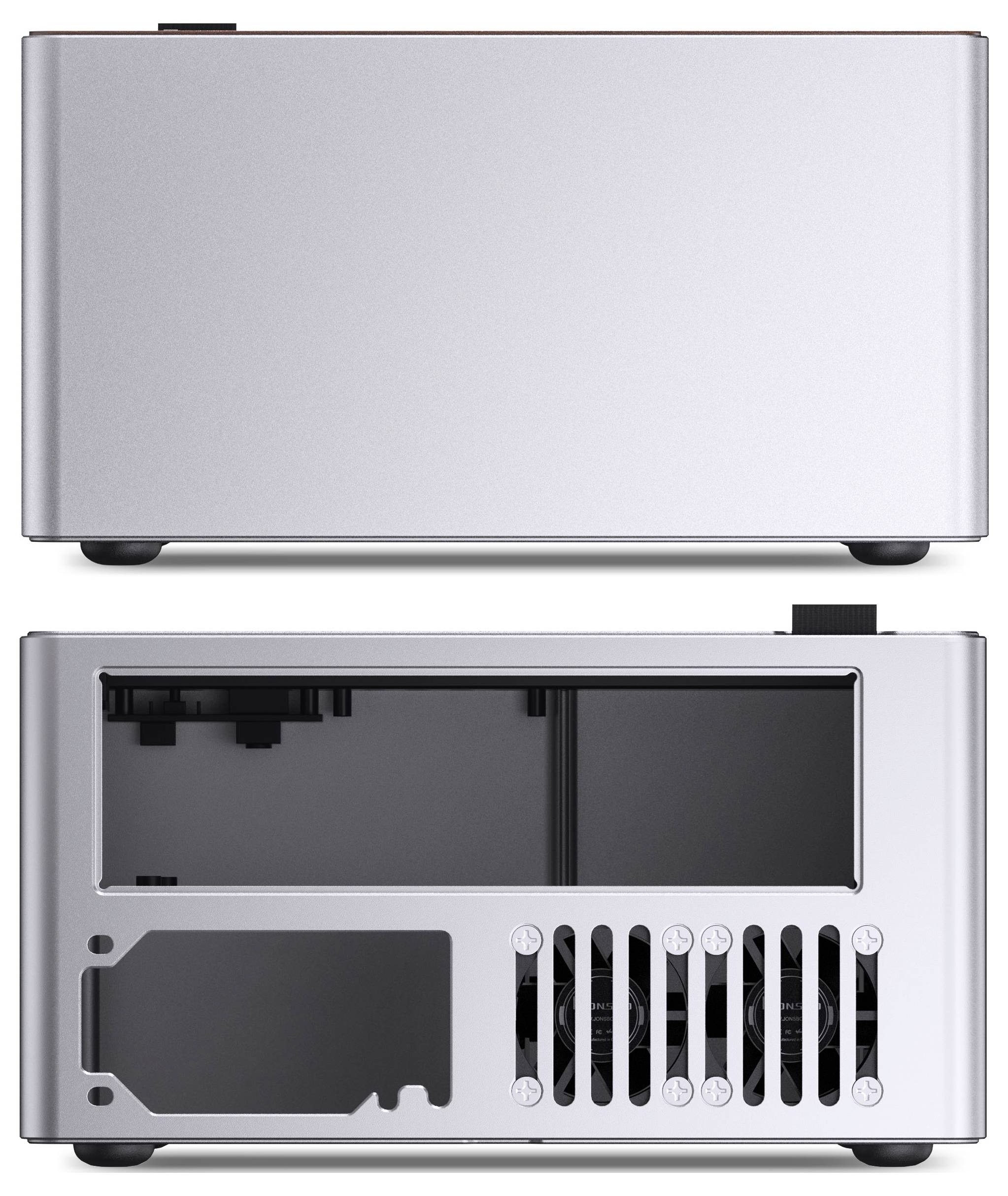 Een compacte, minimalistische computerbehuizing, gezien van de buitenkant, met een gladde metalen afwerking, naast een binnenaanzicht waarbij koelventilatoren zichtbaar zijn.