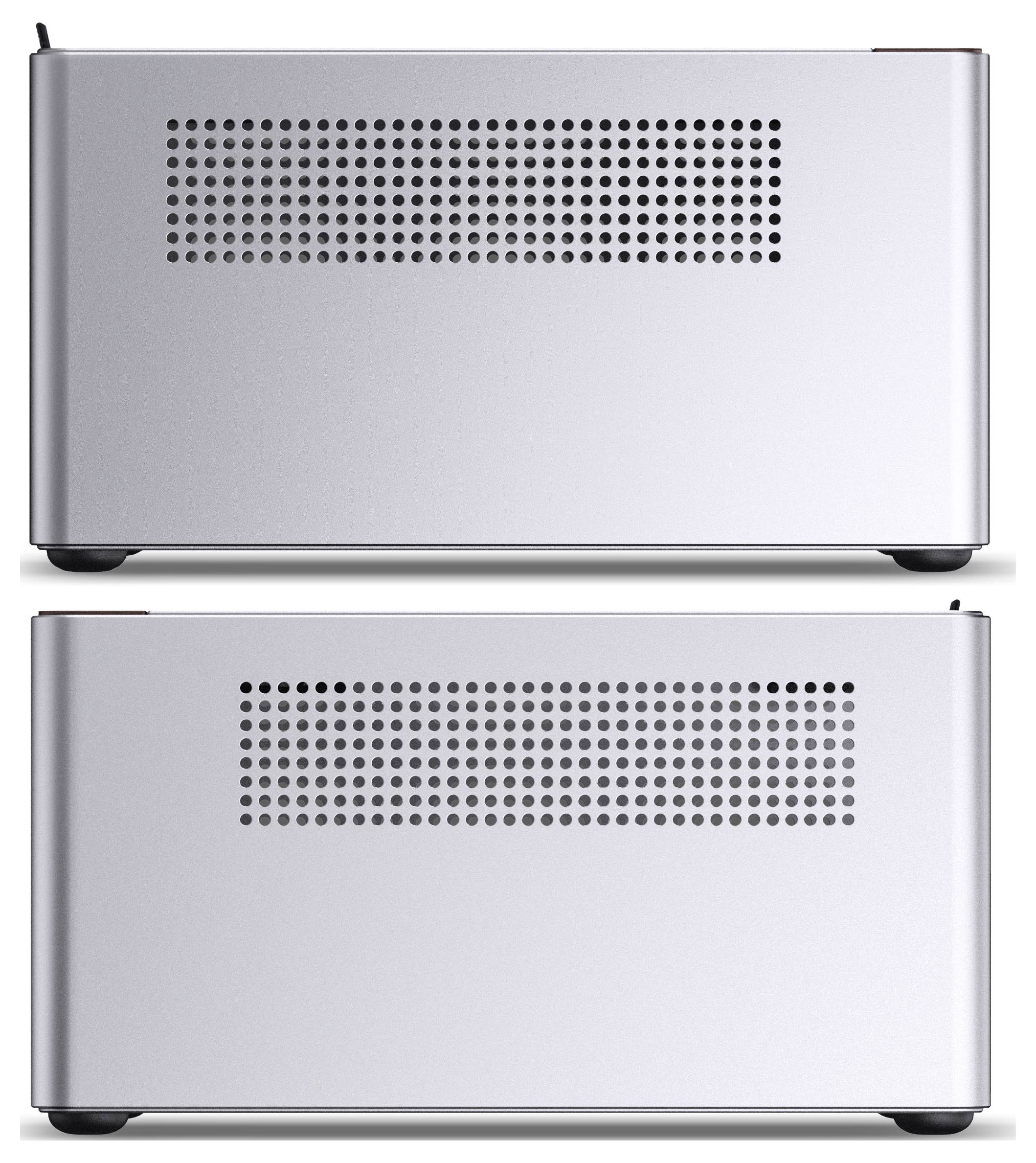 Twee weergaven van een zilveren computerbehuizing met ventilatieopeningen aan de zijkant. De behuizing is strak en minimalistisch van ontwerp.