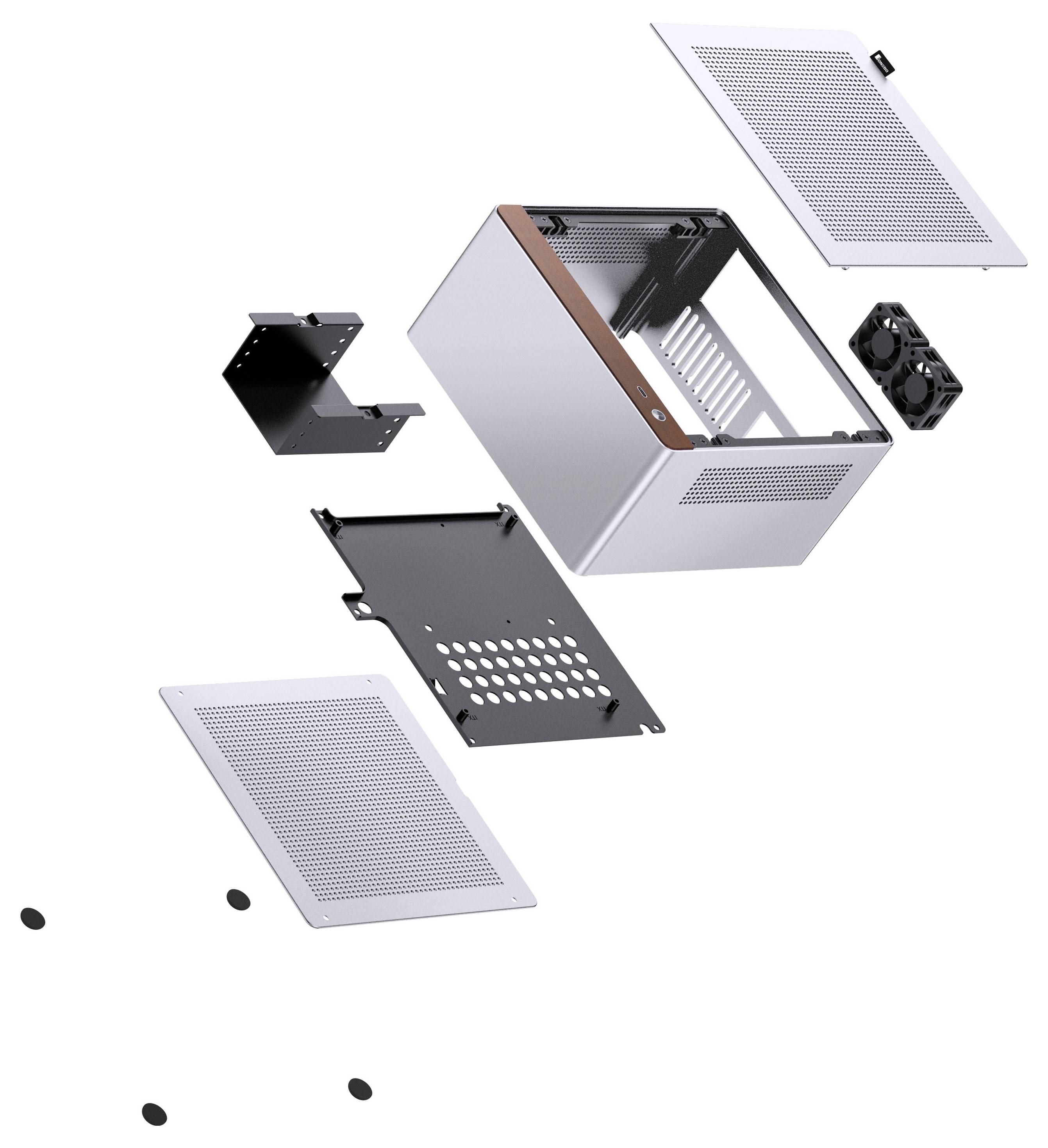 Ontplofte weergave van een computerkast met onderdelen zoals panelen, ventilator en beugels, die de assemblagecomponenten en structuur illustreren.