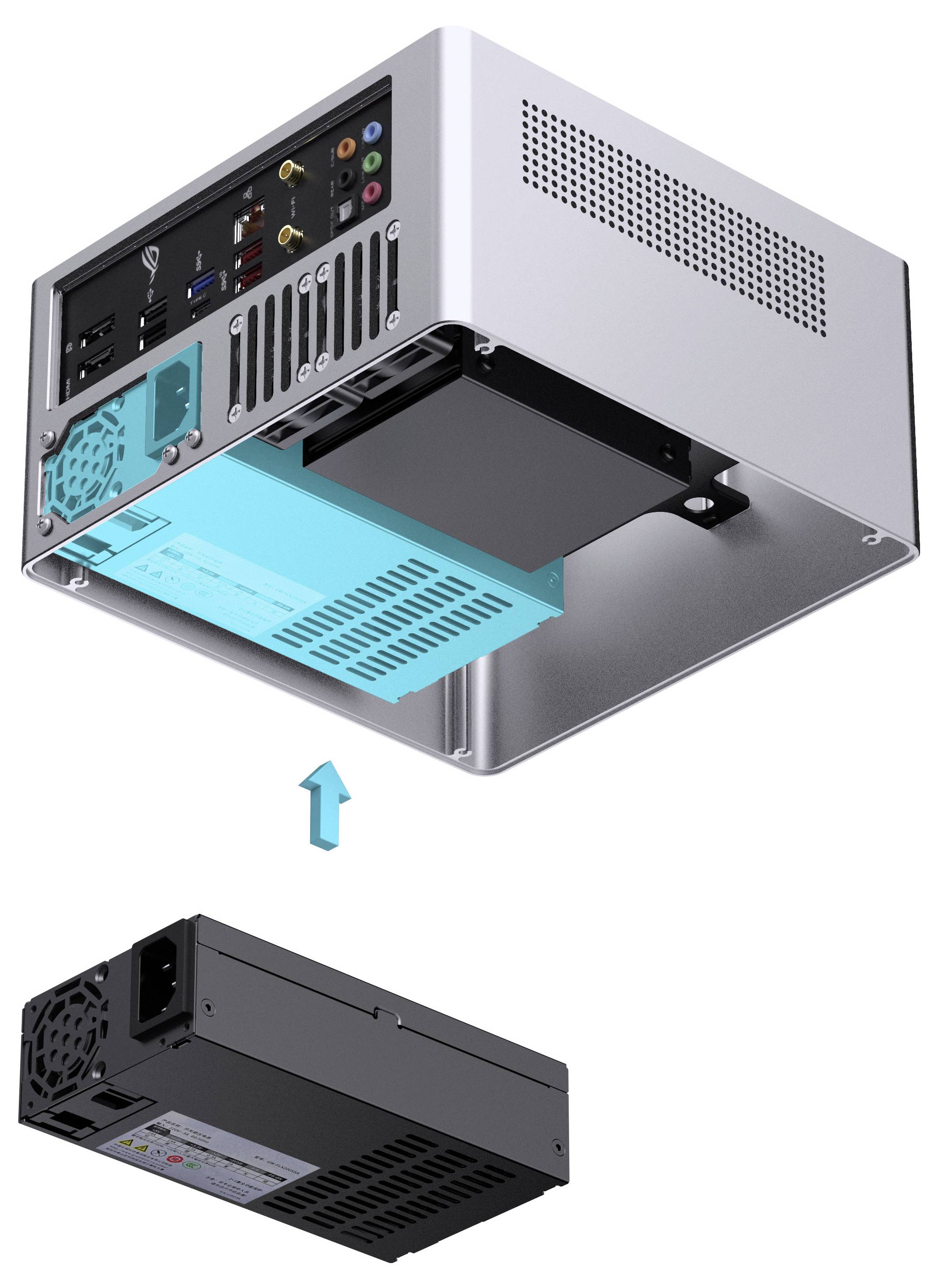 Een kleine, zilveren computerbehuizing wordt getoond met een pijl die een verwijderbare voedingseenheid aan de onderkant aangeeft.
