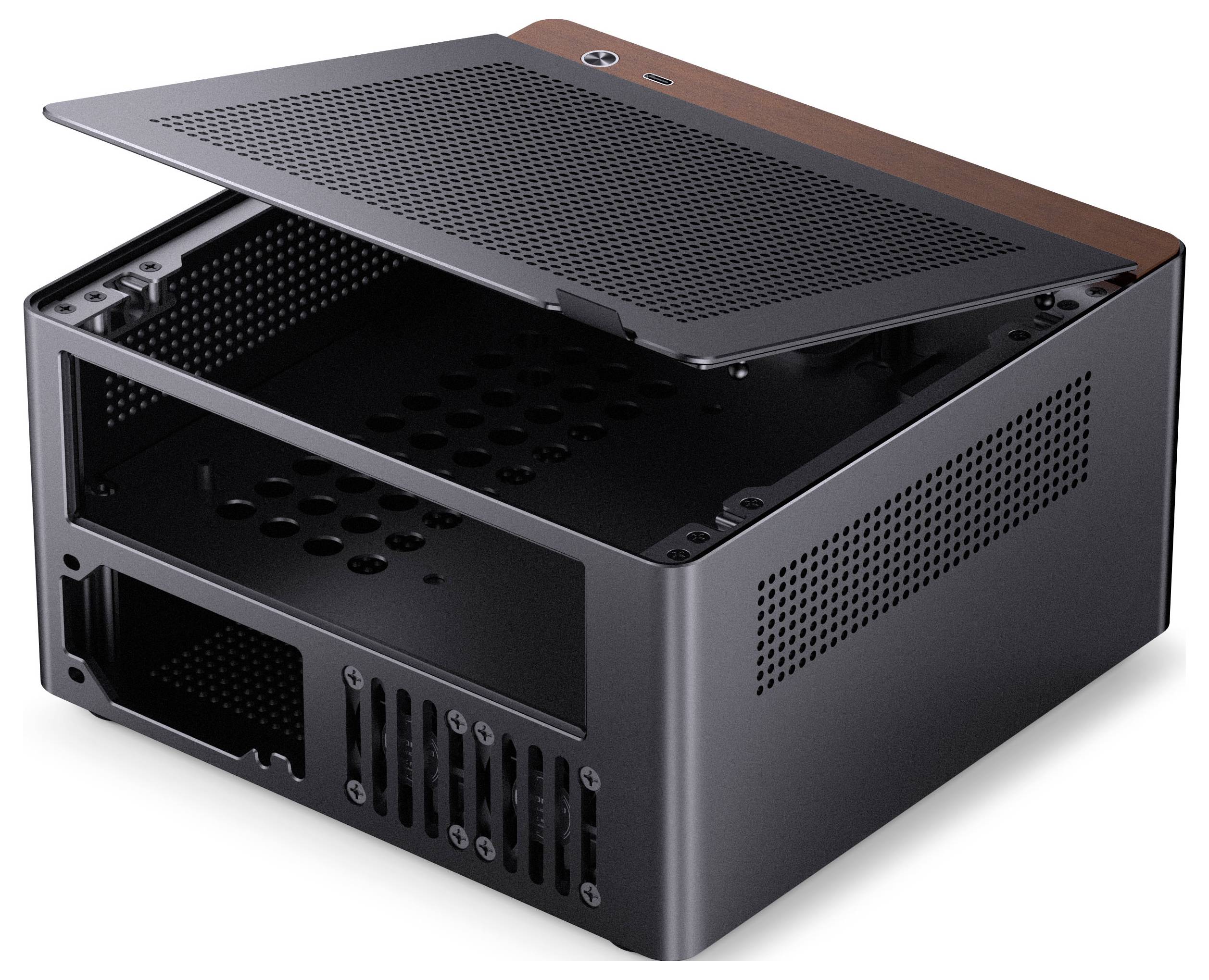 Een compacte, open computerbehuizing met een geperforeerd deksel, waarbij lege sleuven voor hardwarecomponenten en ventilatieopeningen zichtbaar zijn.