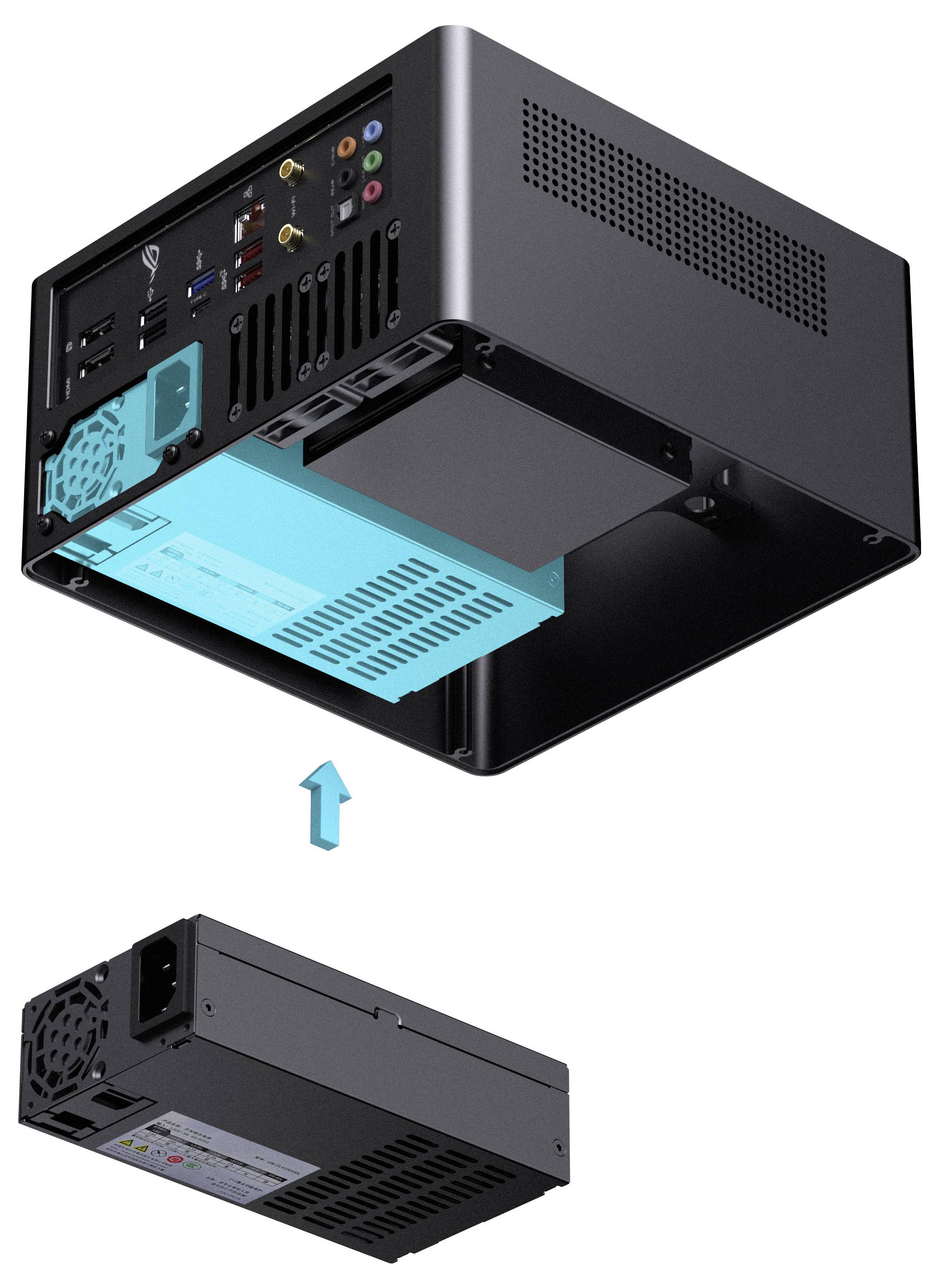 Een kleine zwarte computerbehuizing met een open onderkant waarop een blauwe gemarkeerde sleuf zichtbaar is en een zwarte voedingseenheid die daaronder is verwijderd, met een pijl omhoog.