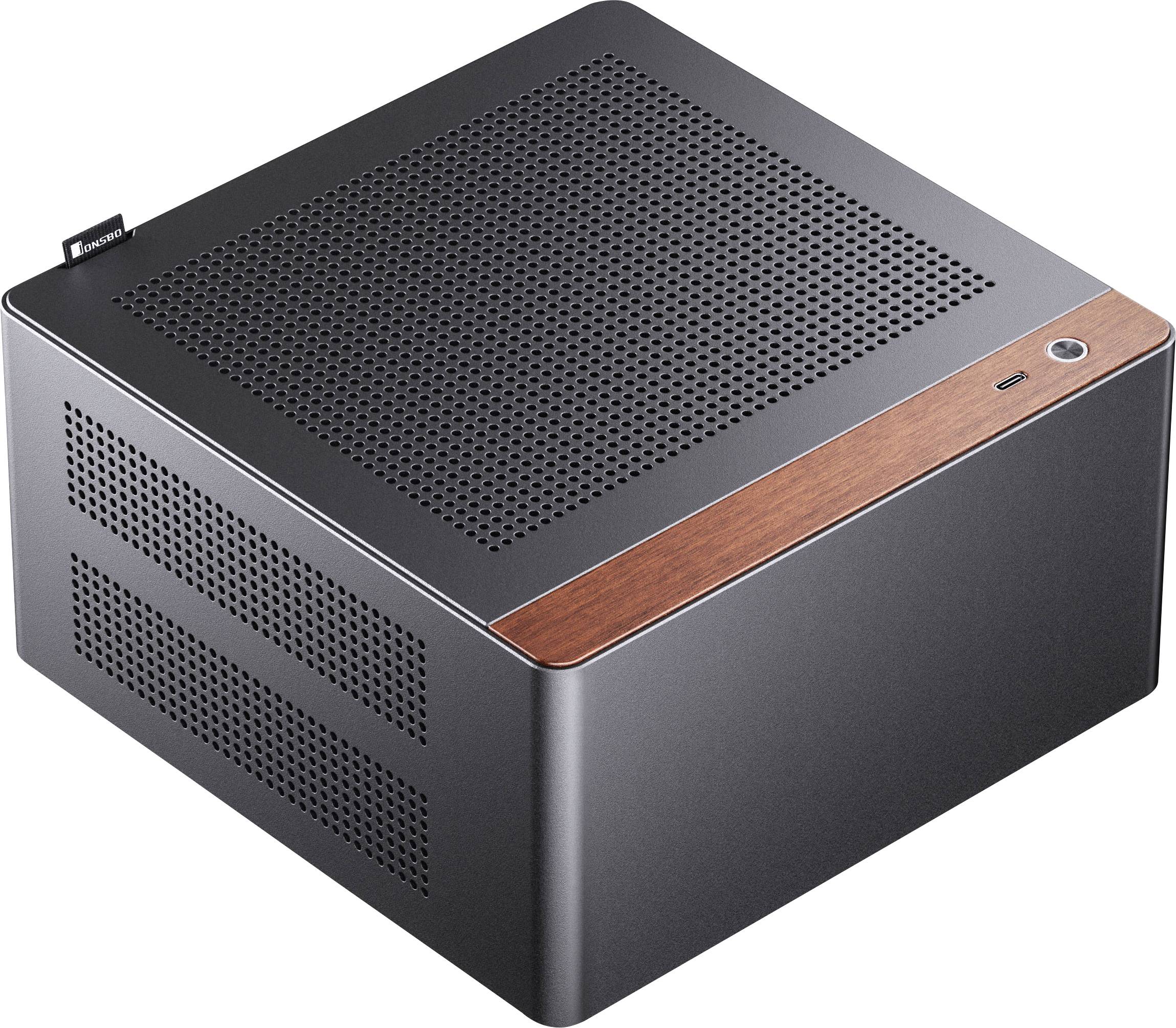 Een strak, compact zwart computerbehuizing met houten textuur, voorzien van ventilatieopeningen aan de bovenkant en USB-poorten aan de zijkant.