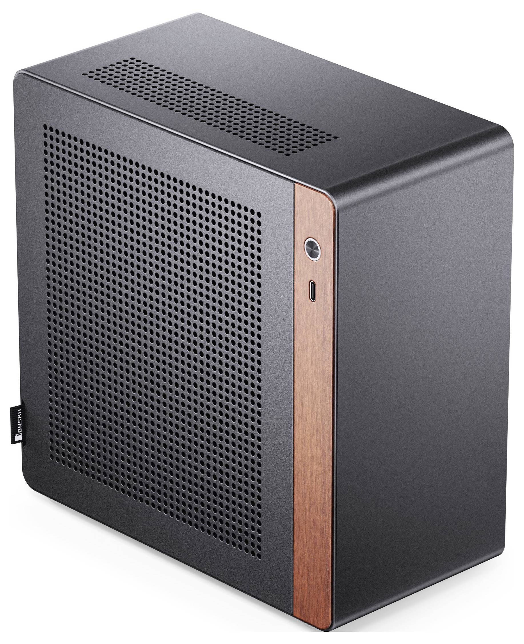 Een strak, zwart computerbehuizing met een geperforeerd zijpaneel en een houten accent aan de voorkant, wat een moderne en minimalistische uitstraling benadrukt.