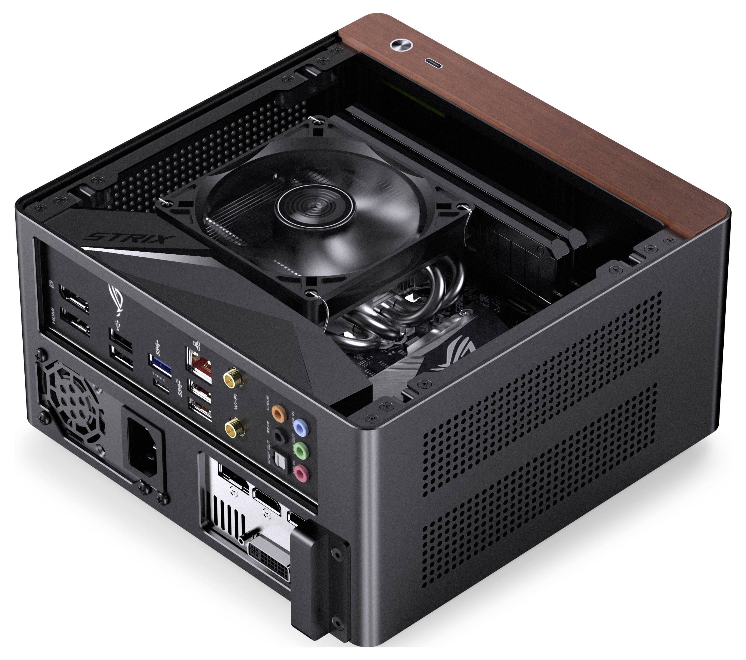 Een compacte, open-top computerbehuizing met zichtbare interne componenten, waaronder een koelventilator, verschillende poorten en een houtnerfachtige bovenrand.