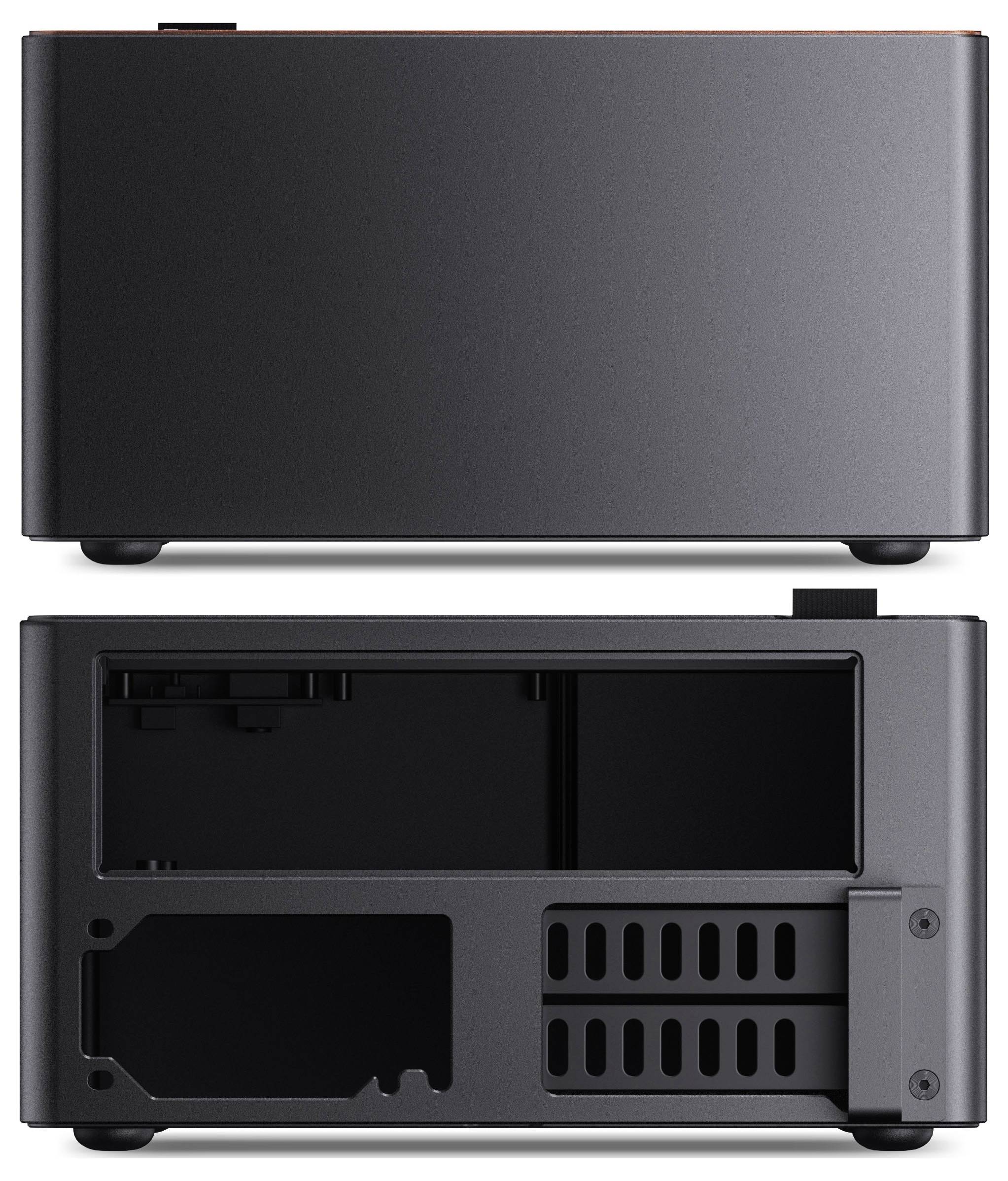 Een compacte, matte zwarte computerbehuizing gezien van voren en met een open achteraanzicht, waarbij het minimalistische ontwerp en de interne sleuven worden geaccentueerd.