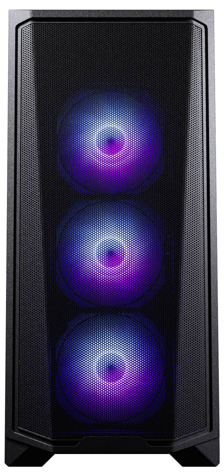 Een zwarte computerbehuizing met drie circulaire LED-fans die een gradiënt van blauwe en paarse verlichting vertonen, verticaal gerangschikt op het voorpaneel.