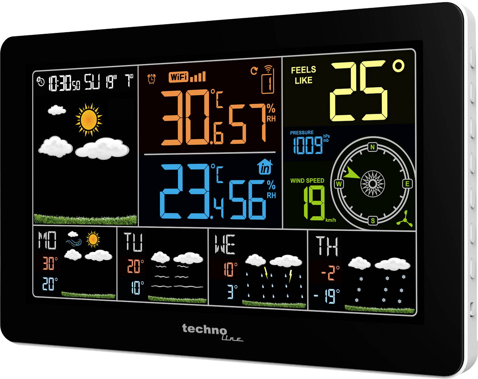 Een digitale weersstation display toont de huidige temperatuur als 30,6°C met 57% luchtvochtigheid, voorspellingen, druk van 1009 hPa en windsnelheid van 19 km/u.