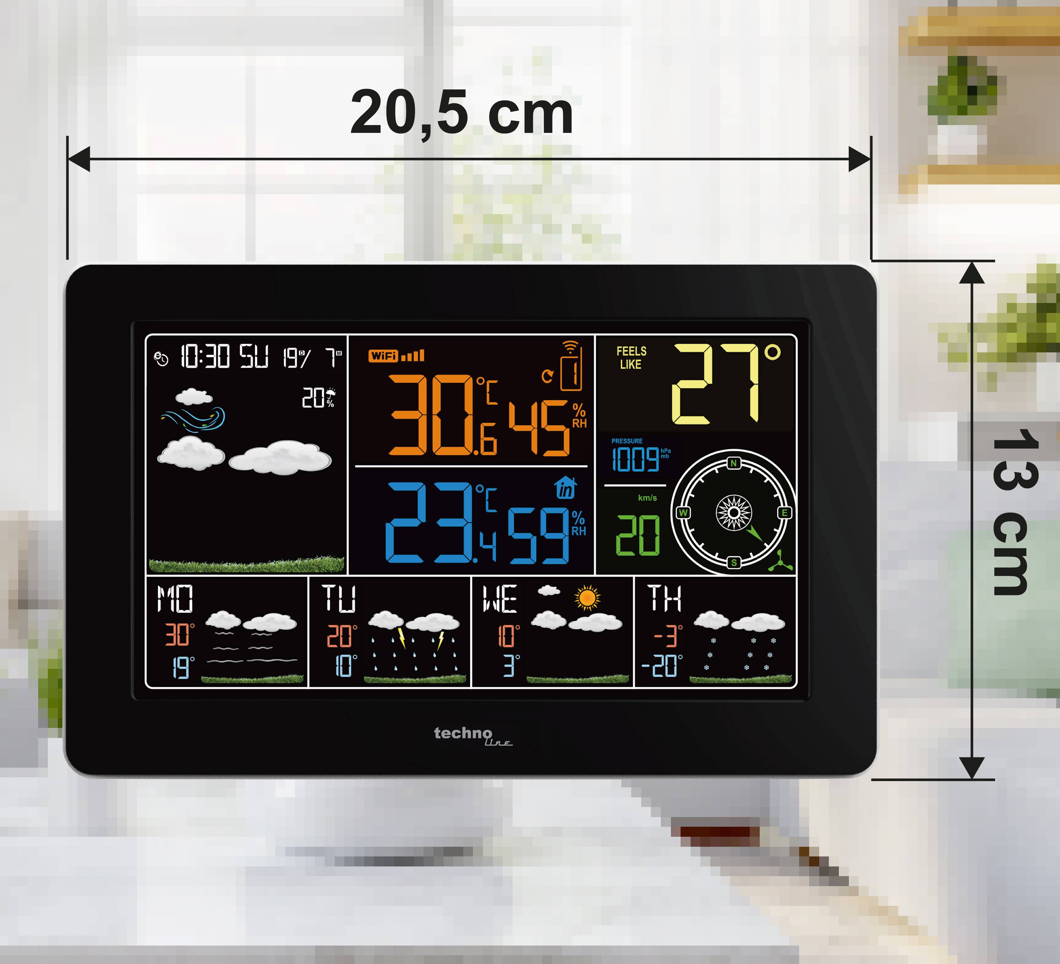 Digitaal weerweergavescherm met weergave van datum, tijd, binnen- en buitentemperaturen, luchtvochtigheid en een vijfdaagse weersvoorspelling. Afmetingen: 20,5 cm breed bij 13 cm hoog.
