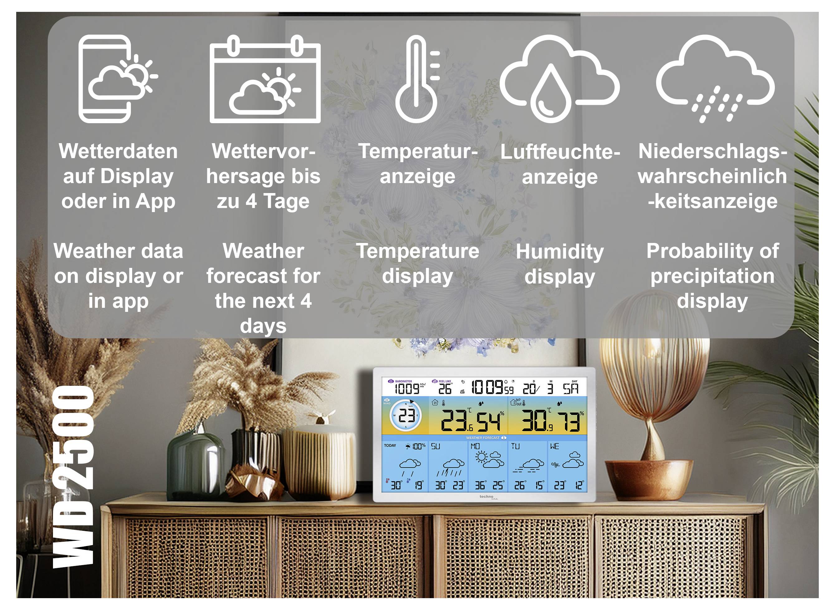 Productafbeelding van WD-2500 weerstation met weergegevens in een app of op het scherm, met 4-daagse voorspelling, temperatuur, luchtvochtigheid en neerslagpictogrammen.