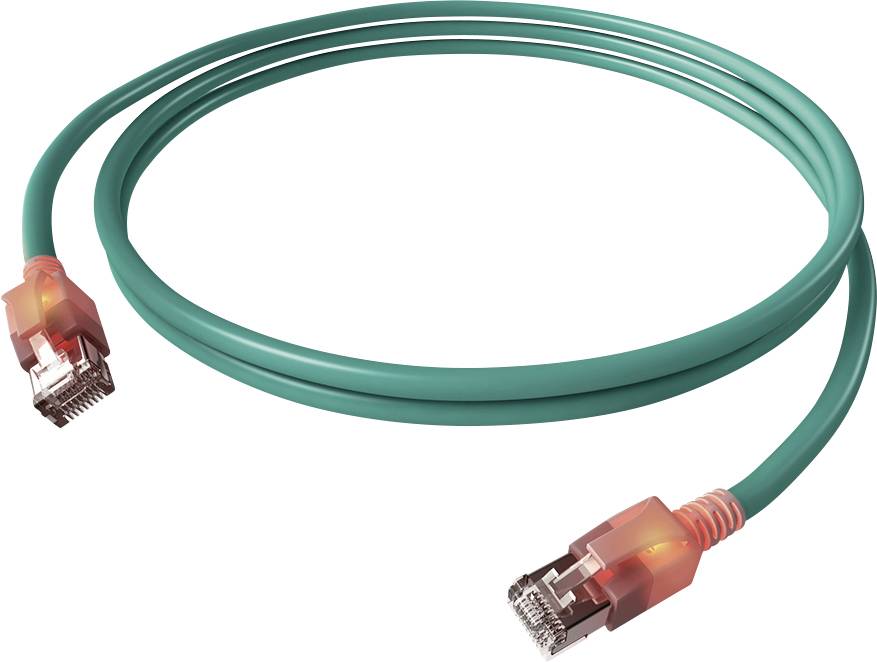 Een groenblauw Ethernet-kabel met roodgetinte connectoren aan beide uiteinden.